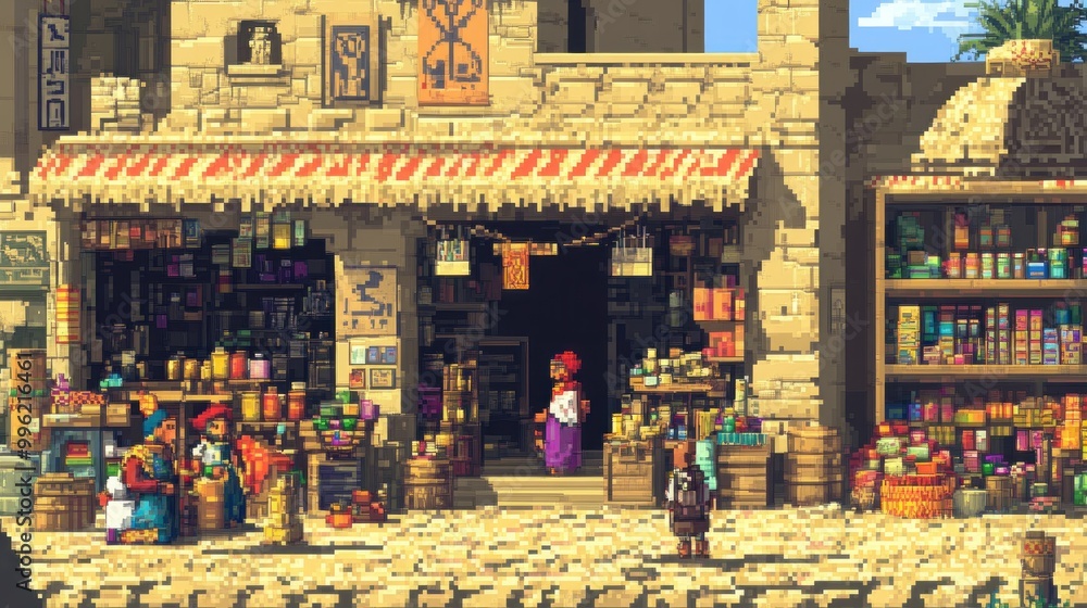 Pixelated depiction of a bustling marketplace with a variety of goods and characters. Pixelated depiction of a bustling marketplace with a variety of goods and characters.