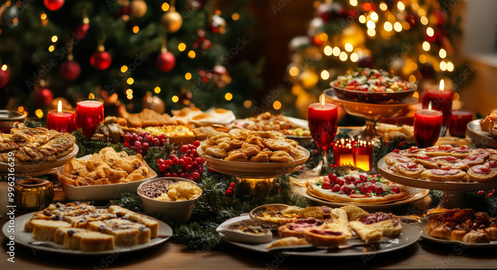 Fototapeta premium Christmas Dinner table full of dishes with food and snacks