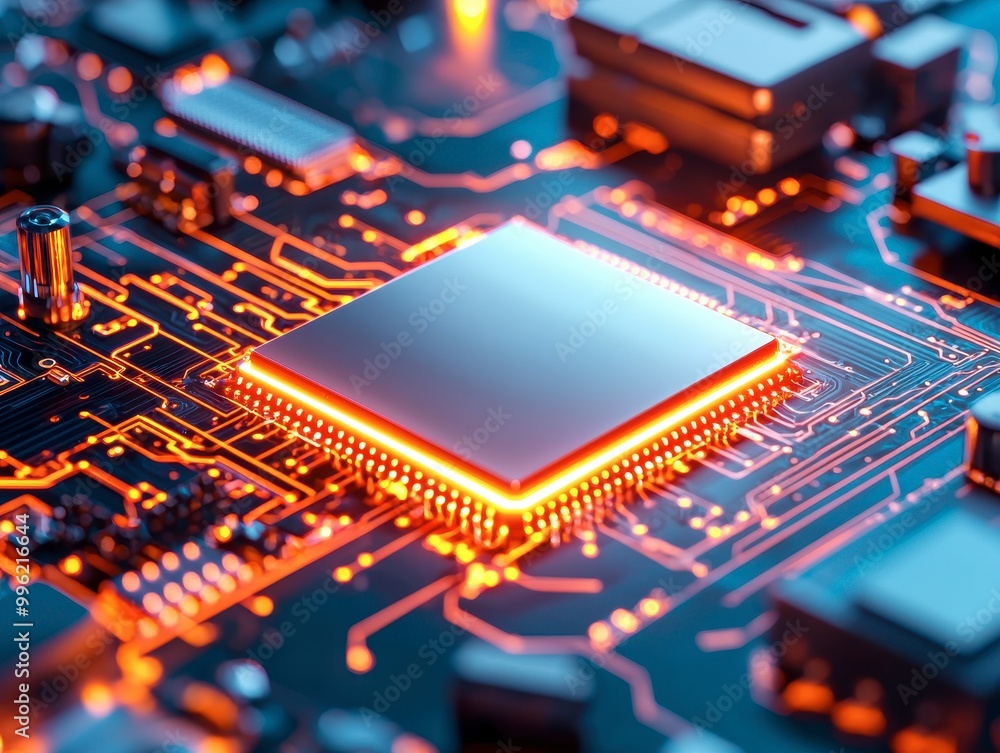 A close-up of a glowing microprocessor on a circuit board, showcasing intricate designs and vibrant connections, symbolizing advanced technology. A close-up of a glowing microprocessor on a circuit board, showcasing intricate designs and vibrant connections, symbolizing advanced technology.
