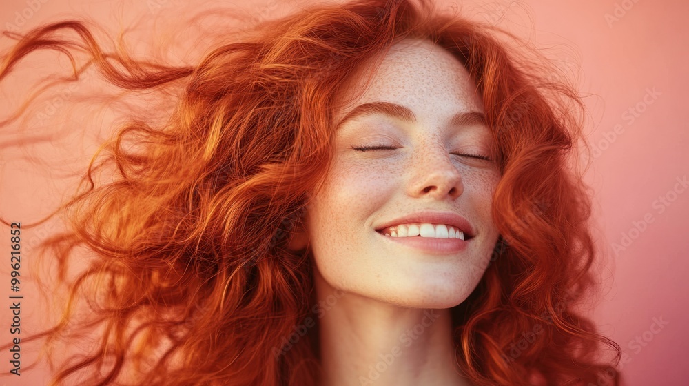 Woman Running Fingers Through Wavy Red Hair Against Pastel Pink Background
Woman Running Fingers Through Wavy Red Hair Against Pastel Pink Background