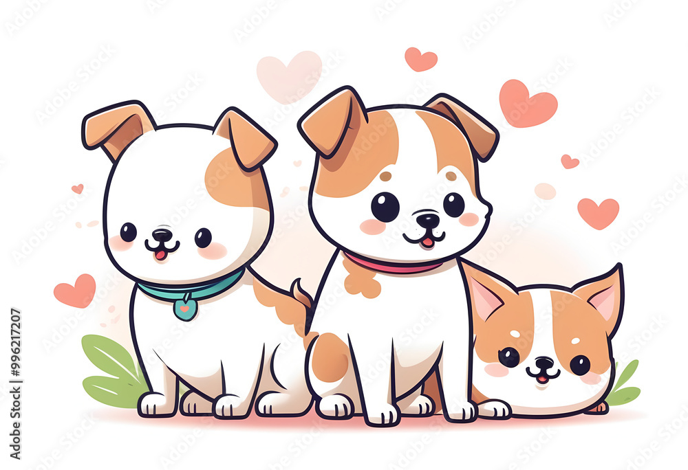 Three adorable cartoon dogs with hearts in the background. Three adorable cartoon dogs with hearts in the background.