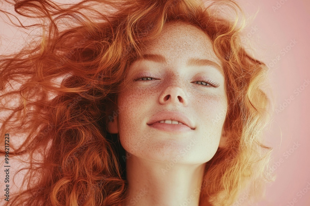 Woman Running Fingers Through Wavy Red Hair Against Pastel Pink Background
Woman Running Fingers Through Wavy Red Hair Against Pastel Pink Background