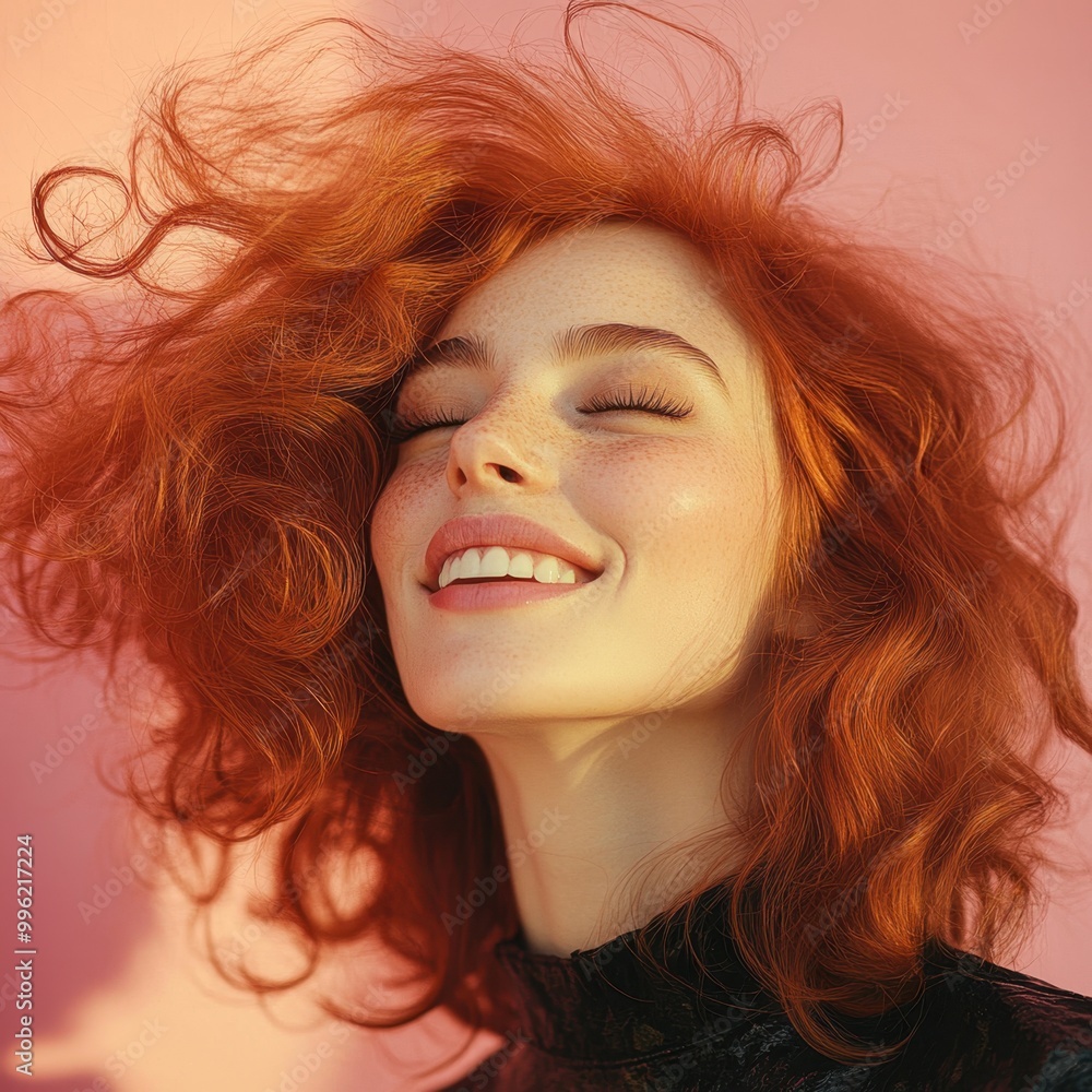 Woman Running Fingers Through Wavy Red Hair Against Pastel Pink Background
Woman Running Fingers Through Wavy Red Hair Against Pastel Pink Background