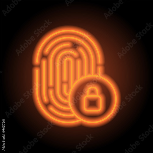 Fingerprint with lock simple icon vector. Flat design. Orange neon on black background