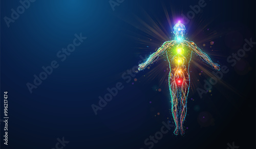 Abstract vector illustration of colorful chakras glow over human body silhouette made of glowing neon particles. Blue geometric background depicting meditation, yoga and health care concept