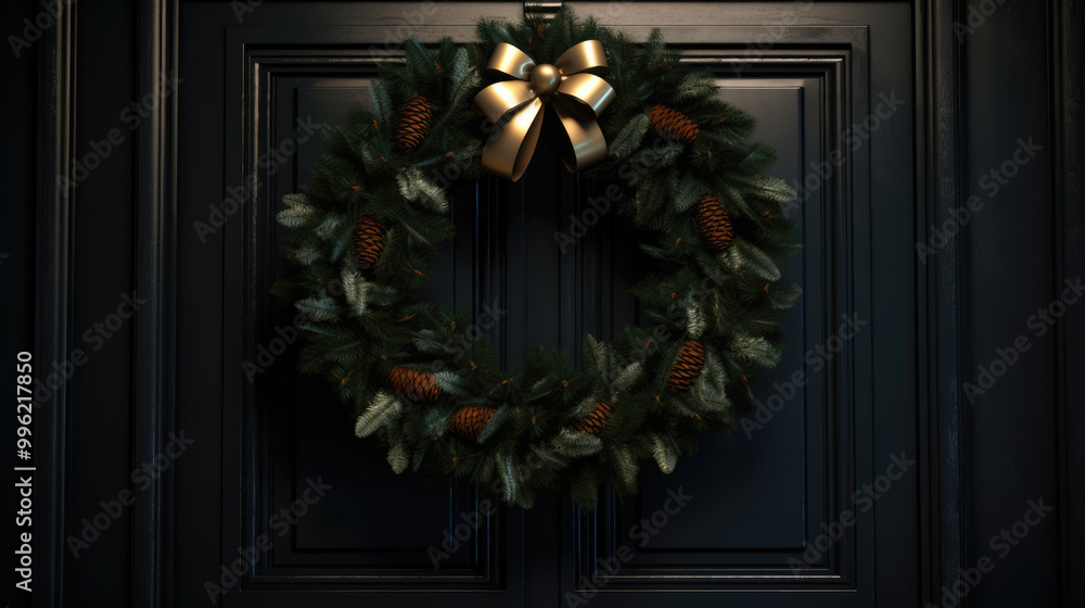 Christmas wreath with Christmas ornaments on a black door Christmas wreath with Christmas ornaments on a black door