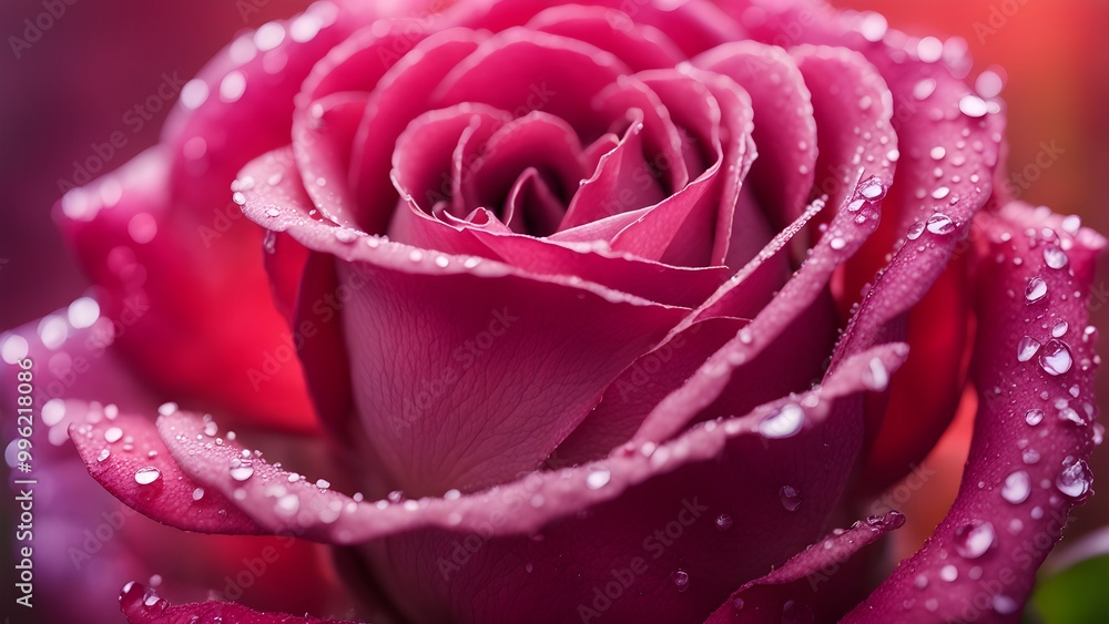 A close-up of a vibrant pink rose with water droplets. A close-up of a vibrant pink rose with water droplets.