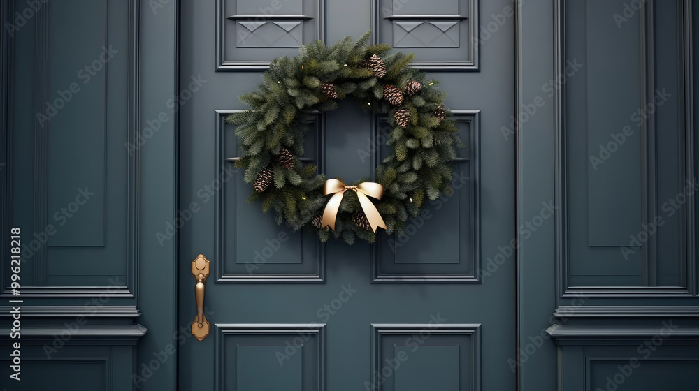 Christmas wreath with Christmas ornaments on a gray door Christmas wreath with Christmas ornaments on a gray door