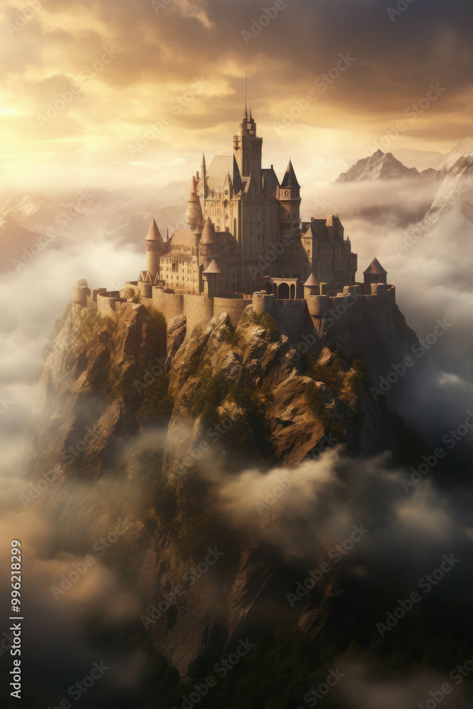 Ancient Medieval Castle on a Hill at Sunset Ancient Medieval Castle on a Hill at Sunset