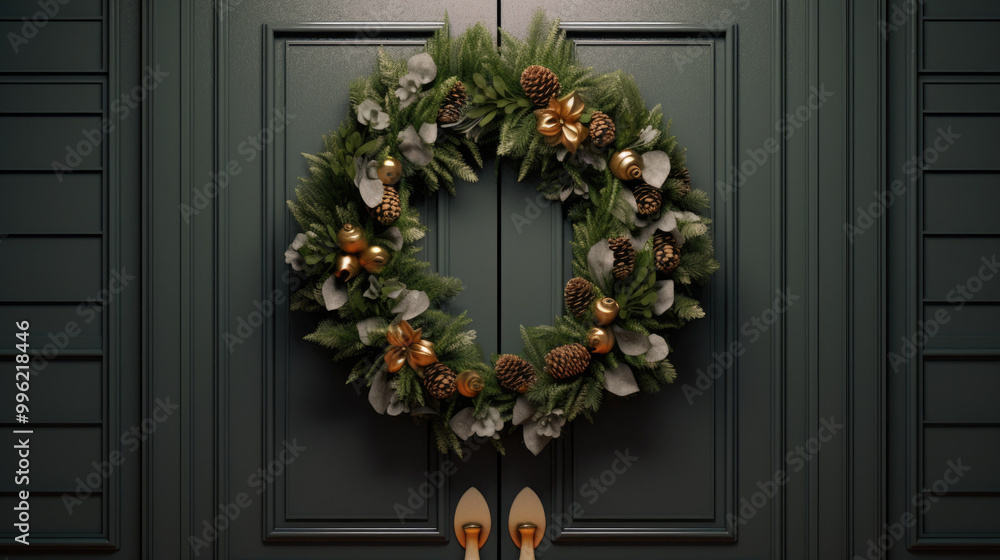 Christmas wreath with Christmas ornaments on a dark gray door