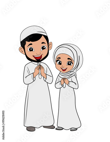 Cartoon image of a Muslim couple in traditional attire, smiling and posing with hands clasped in prayer, ideal for diverse cultural representations.