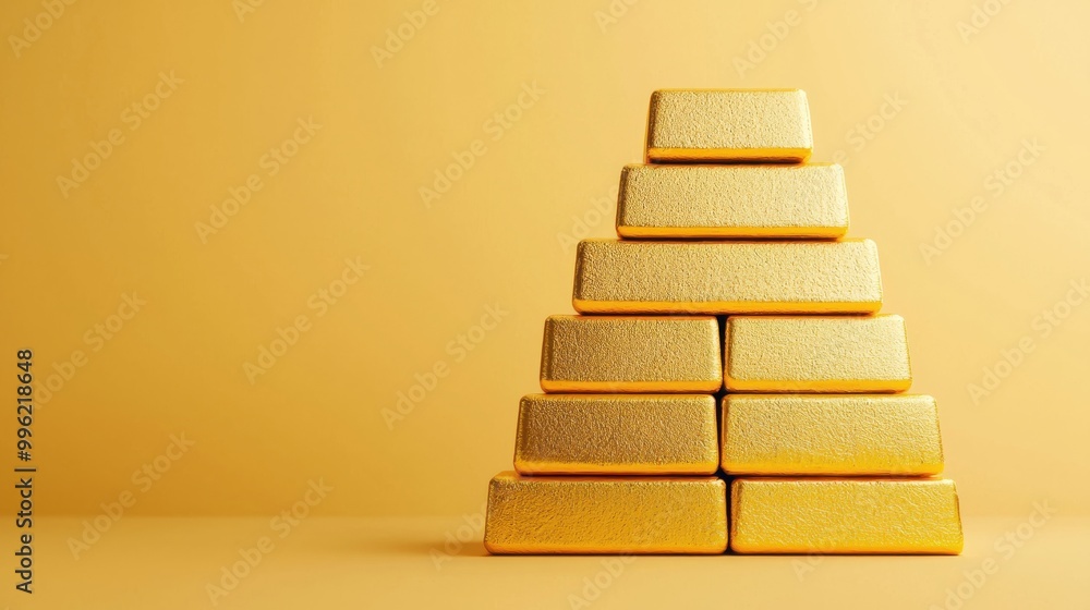 A pyramid of shiny gold bars against a warm yellow background, symbolizing wealth, prosperity, and luxury. A pyramid of shiny gold bars against a warm yellow background, symbolizing wealth, prosperity, and luxury.