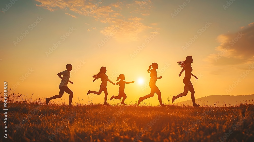 Silhouettes of a diverse group running joyfully at sunset. Silhouettes of a diverse group running joyfully at sunset.