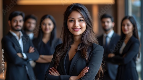 Confident South Asian woman in a suit, leading a diverse team in a modern office.