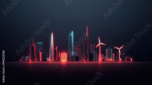 A futuristic city skyline with glass skyscrapers featuring wind turbines and solar panels, glowing neon lights, energy-efficient and sleek