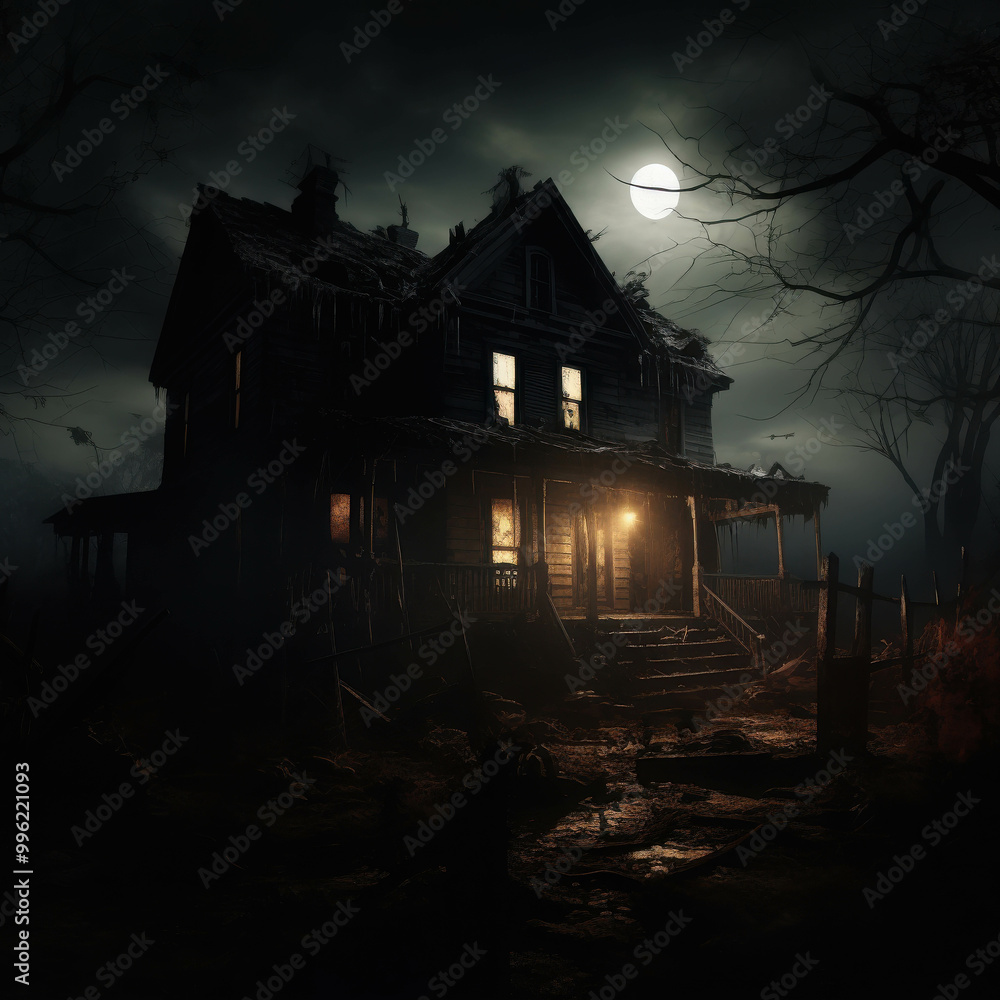 Eerie Abandoned House with Broken Windows at Night Eerie Abandoned House with Broken Windows at Night