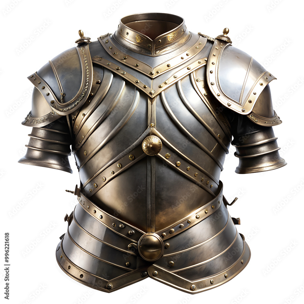 Detailed medieval armor with intricate designs, transparent or white isolated background. Detailed medieval armor with intricate designs, transparent or white isolated background.