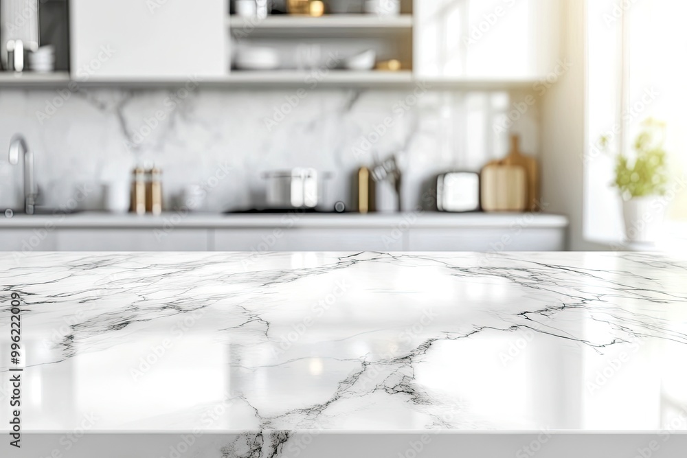 White marble texture table top on blurred kitchen background for montage or display your products with generative ai White marble texture table top on blurred kitchen background for montage or display your products with generative ai