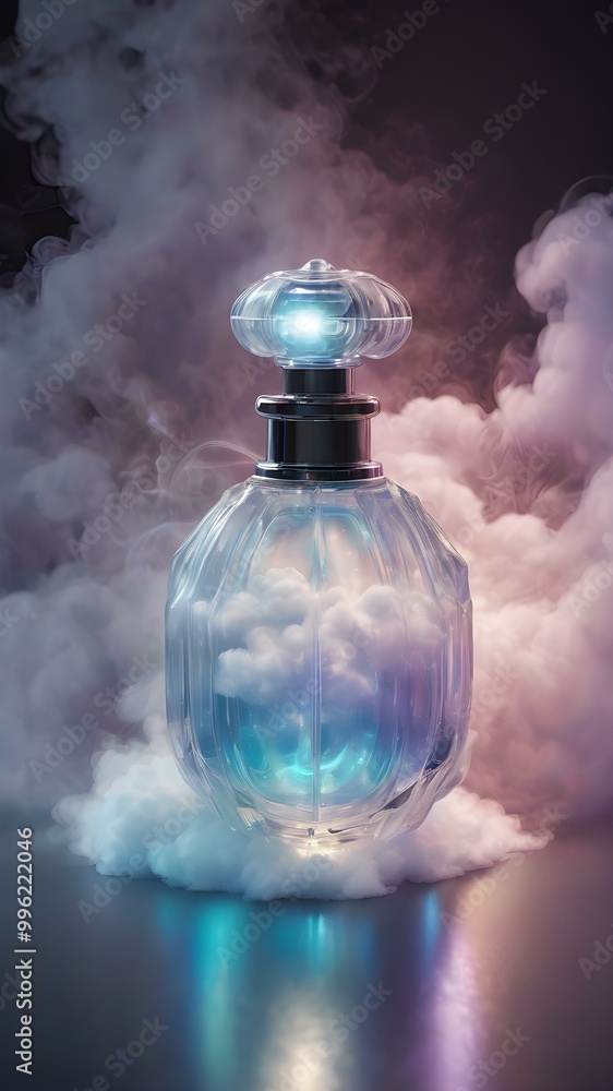 Perfume bottle surrounded by soft clouds of vapor, with glowing light beams illuminating the mist in the background
Perfume bottle surrounded by soft clouds of vapor, with glowing light beams illuminating the mist in the background