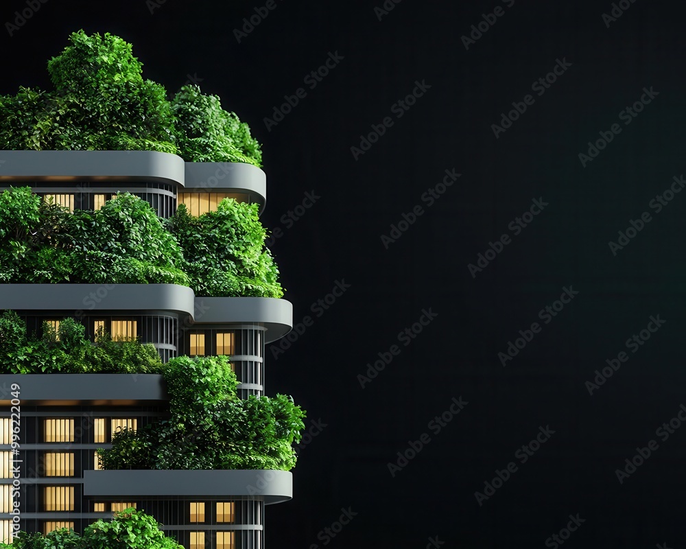 Fototapeta premium Vertical gardens and solar panels on sleek skyscrapers in a futuristic city, glowing softly in the night, clean energy-efficient design