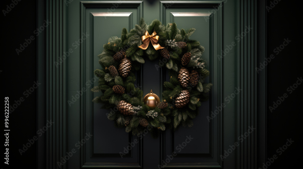 Christmas wreath with Christmas ornaments on a dark white door Christmas wreath with Christmas ornaments on a dark white door