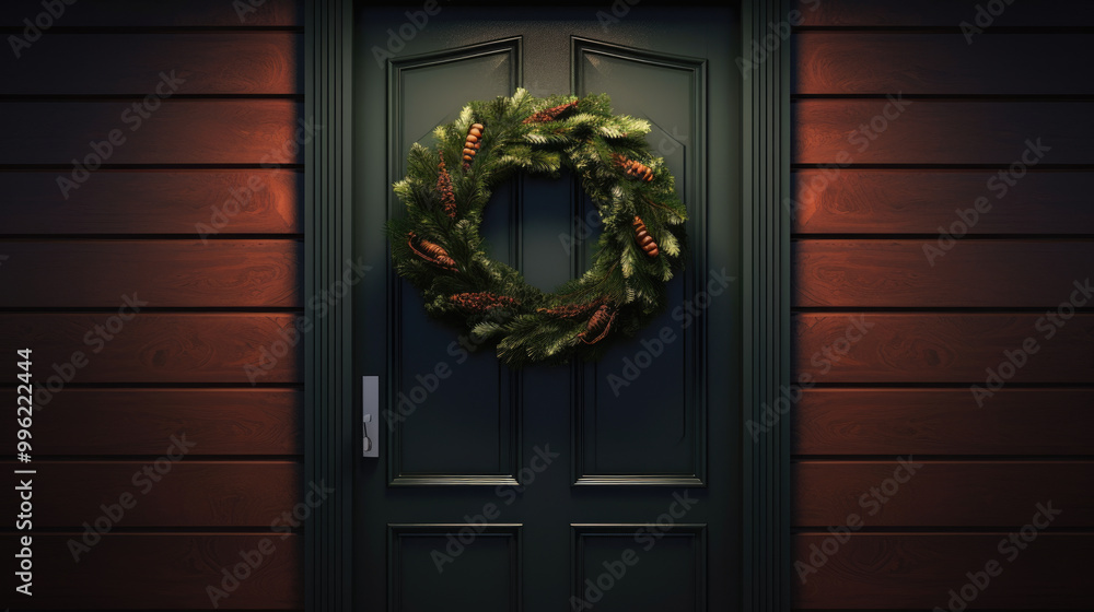 Christmas wreath with Christmas ornaments on a dark brown door Christmas wreath with Christmas ornaments on a dark brown door