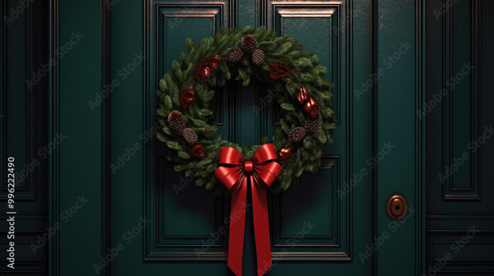 Christmas wreath with Christmas ornaments on a dark red door Christmas wreath with Christmas ornaments on a dark red door