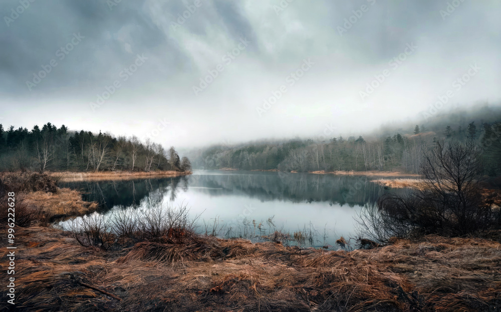 Fototapeta premium A lake with a cloudy sky in the background