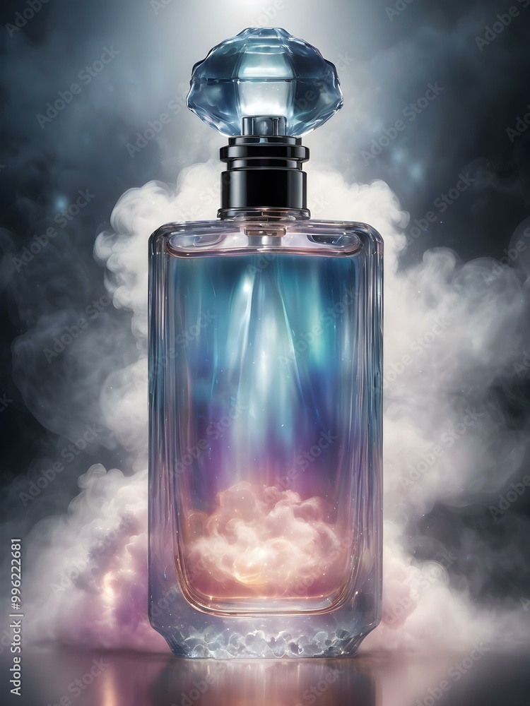 Perfume bottle surrounded by soft clouds of vapor, with glowing light beams illuminating the mist in the background
Perfume bottle surrounded by soft clouds of vapor, with glowing light beams illuminating the mist in the background
