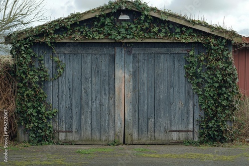 Weathered Wooden Garage Doors Covered in Ivy