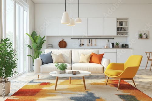 Scandinavian-inspired modern minimalist living room with cozy furniture and vibrant decor elements photo