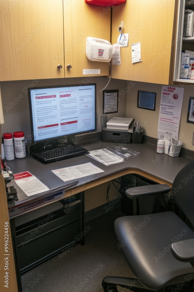 A workspace featuring a computer, documents, and medical supplies for administrative tasks. A workspace featuring a computer, documents, and medical supplies for administrative tasks.
