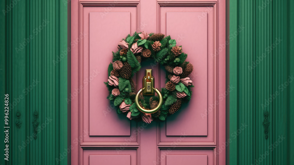 Christmas wreath with Christmas ornaments on a light magenta door Christmas wreath with Christmas ornaments on a light magenta door