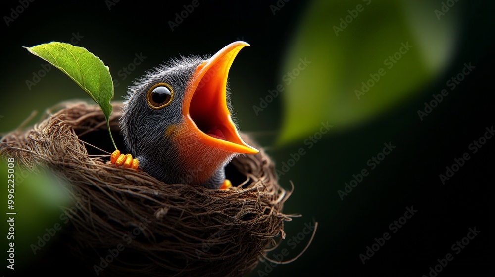 © KN Studio - Tiny Bird's Hunger: A close-up shot of a baby bird in its nest, its mouth wide open, begging for food. The image captures the vulnerability and innocence of a newborn creature. © KN Studio - Tiny Bird's Hunger: A close-up shot of a baby bird in its nest, its mouth wide open, begging for food. The image captures the vulnerability and innocence of a newborn creature.