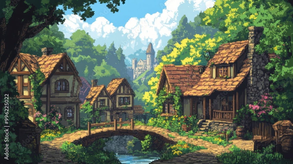 A Charming Medieval Village with Stone Bridge and Castle in the Distance A Charming Medieval Village with Stone Bridge and Castle in the Distance