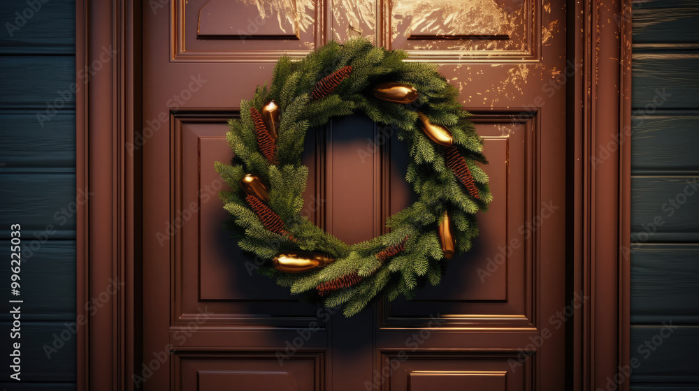 Christmas wreath with Christmas ornaments on a vivid brown door Christmas wreath with Christmas ornaments on a vivid brown door