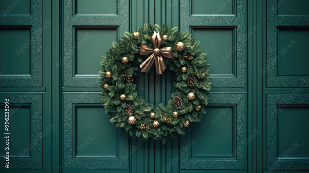 Christmas wreath with Christmas ornaments on a vivid brown door Christmas wreath with Christmas ornaments on a vivid brown door