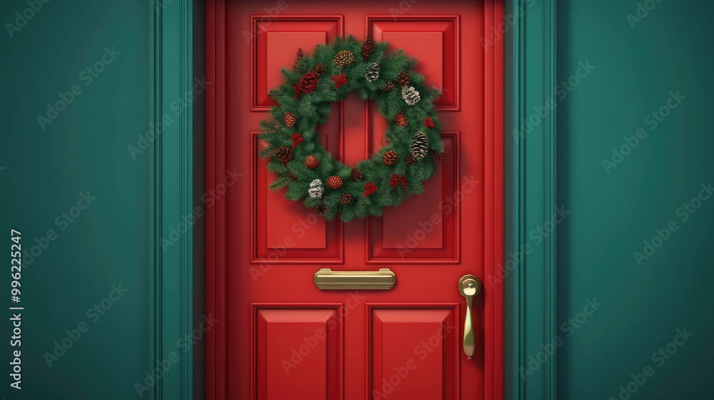 Christmas wreath with Christmas ornaments on a vivid red door Christmas wreath with Christmas ornaments on a vivid red door