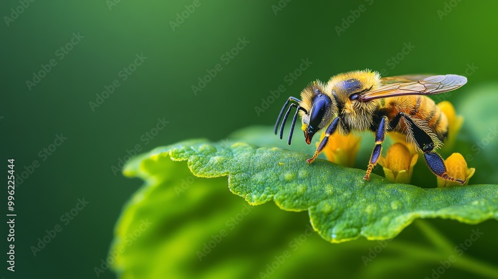 A bee collecting pollen while resting on a flower petal that sits atop a large green leaf, showing the harmony of insects and nature in a macro shot A bee collecting pollen while resting on a flower petal that sits atop a large green leaf, showing the harmony of insects and nature in a macro shot