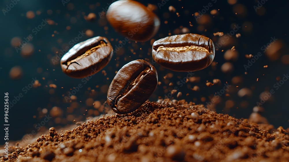 Flying coffee beans above a mound of ground coffee. Flying coffee beans above a mound of ground coffee.