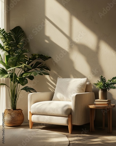 Cozy Reading Nook with Plush Armchair and Plants
