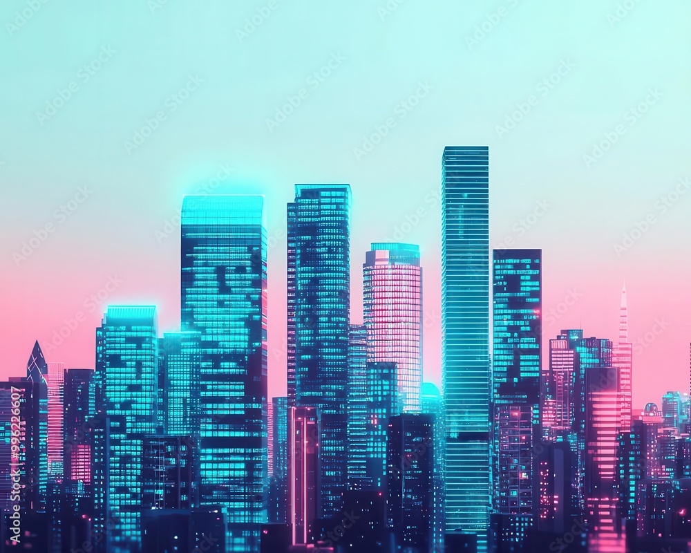 Futuristic cityscape at night, skyscrapers powered by solar and wind energy, glowing neon blue lights, sleek, energy-efficient buildings Futuristic cityscape at night, skyscrapers powered by solar and wind energy, glowing neon blue lights, sleek, energy-efficient buildings