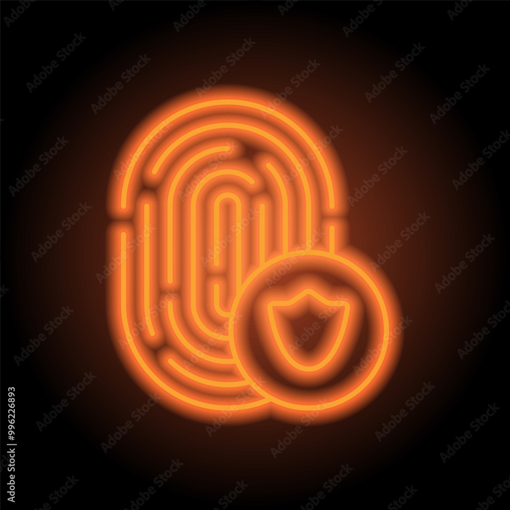 Obraz premium Fingerprint with shield simple icon vector. Flat design. Orange neon on black background