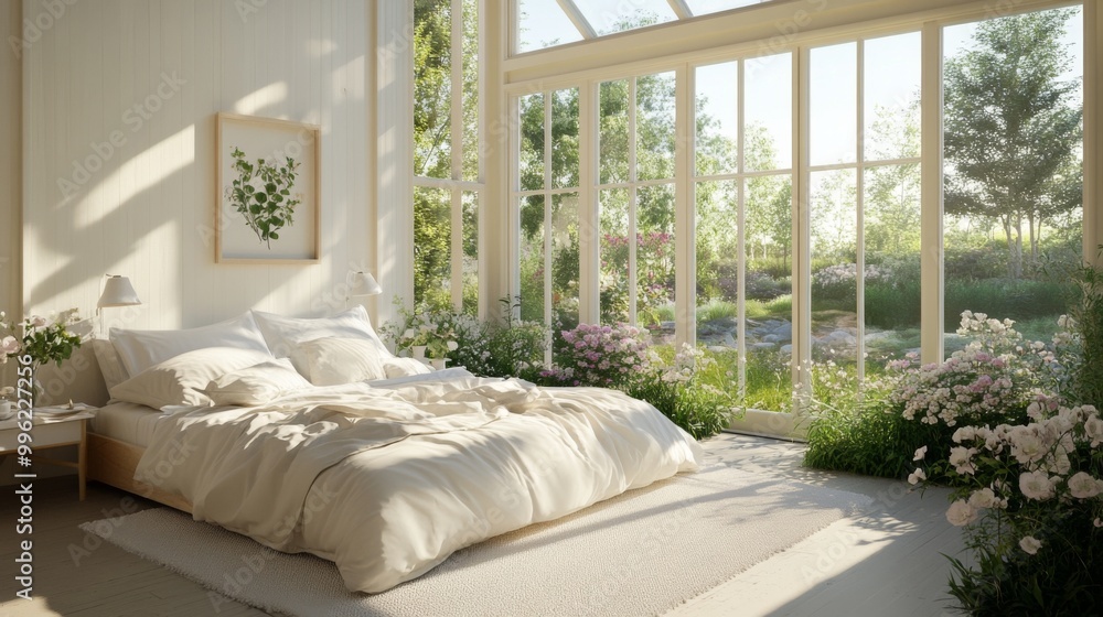 A bright and airy bedroom with large windows overlooking a garden, featuring light-colored furnishings and fresh flowers on the nightstand, evoking a sense of tranquility. A bright and airy bedroom with large windows overlooking a garden, featuring light-colored furnishings and fresh flowers on the nightstand, evoking a sense of tranquility.