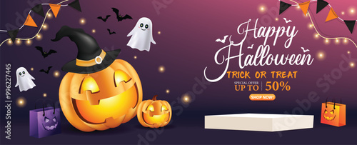 Halloween sale banner template, promoting a sale with discounts up to 50% off with empty podium for Halloween promotions, online stores, or social media marketing during the Halloween season.