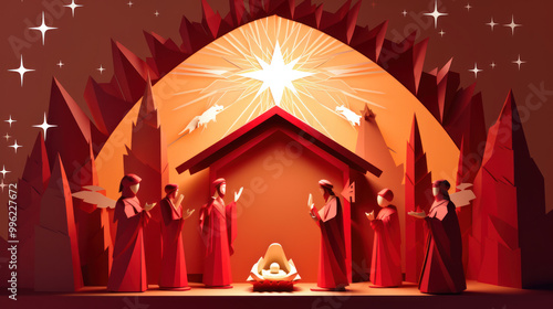 Illustration of the nativity in maroon tones