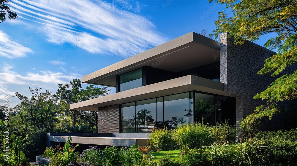 Fototapeta premium Modern house with large windows and lush landscaping.