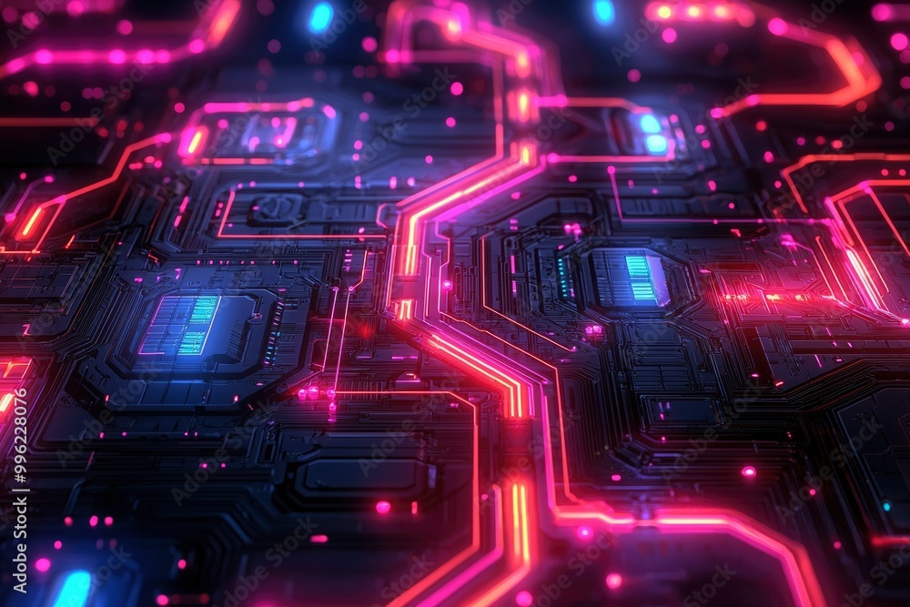 Futuristic Circuit Board with Glowing Red and Blue Lines Futuristic Circuit Board with Glowing Red and Blue Lines