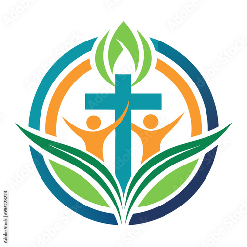 Christian Church Logo: A vibrant and symbolic logo depicting two figures raising their hands in worship, a cross with a flame above, encompassed by green leaves and blue and orange circles.