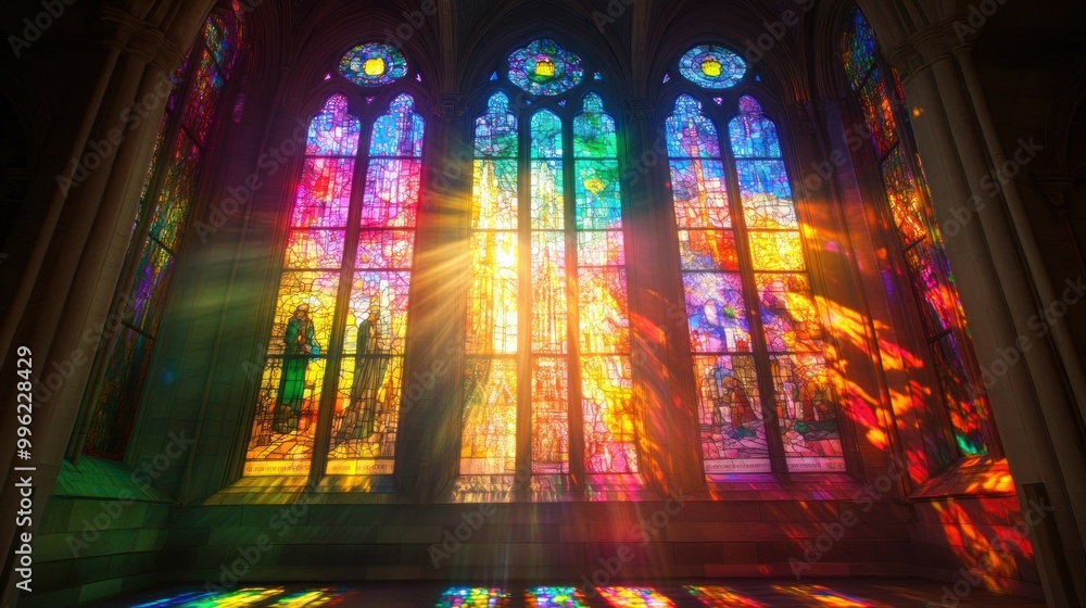 Obraz premium Sunlight Streaming Through a Colorful Stained Glass Window in a Cathedral